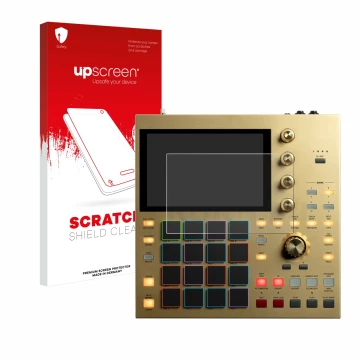 Face avant d’un emballage produit avec le logo de la marque upscreen. À côté, l’appareil Akai MPC One est représenté avec la p
