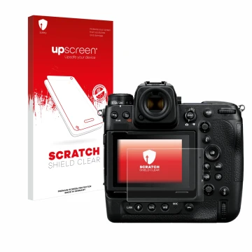 Face avant d’un emballage produit avec le logo de la marque upscreen. À côté, l’appareil Nikon Z 9 est représenté avec la prot