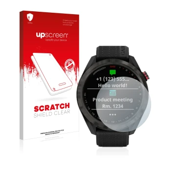 Face avant d’un emballage produit avec le logo de la marque upscreen. À côté, l’appareil Garmin Approach S42 est représenté av