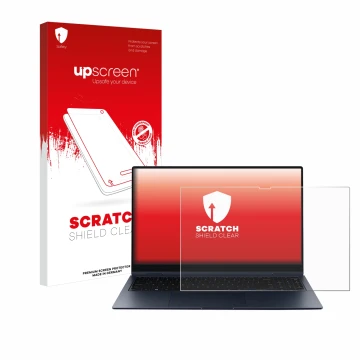 Face avant d’un emballage produit avec le logo de la marque upscreen. À côté, l’appareil Samsung Galaxy Book Pro 360 15