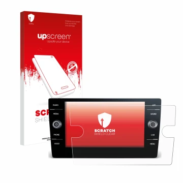 Face avant d’un emballage produit avec le logo de la marque upscreen. À côté, l’appareil Volkswagen Tiguan 2021 Discover Media
