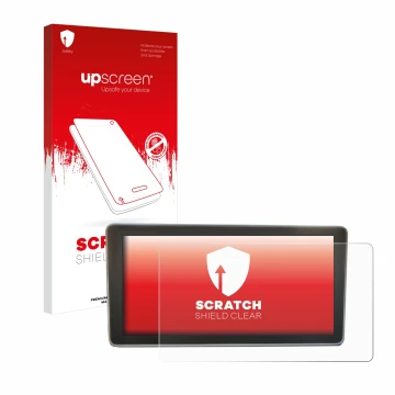 Face avant d’un emballage produit avec le logo de la marque upscreen. À côté, l’appareil Audi A4 B9 2017 MMI Plus 8