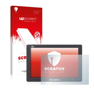 Face avant d’un emballage produit avec le logo de la marque upscreen. À côté, l’appareil Feelworld FW279 7