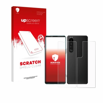 Face avant d’un emballage produit avec le logo de la marque upscreen. À côté, l’appareil Sony Xperia 5 III (Avant+Arrière) est