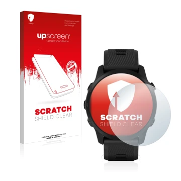 Face avant d’un emballage produit avec le logo de la marque upscreen. À côté, l’appareil Garmin Forerunner 945 LTE est représe