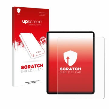 Face avant d’un emballage produit avec le logo de la marque upscreen. À côté, l’appareil Apple iPad Pro 12.9