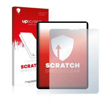 Face avant d’un emballage produit avec le logo de la marque upscreen. À côté, l’appareil Apple iPad Pro 11