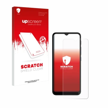 Face avant d’un emballage produit avec le logo de la marque upscreen. À côté, l’appareil Motorola Moto G20 est représenté avec