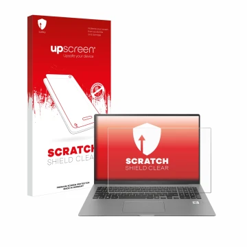 Face avant d’un emballage produit avec le logo de la marque upscreen. À côté, l’appareil LG gram 17'' 2021 est représenté avec