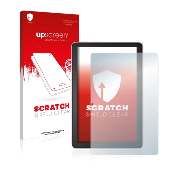 Face avant d’un emballage produit avec le logo de la marque upscreen. À côté, l’appareil Amazon Fire HD 10 Plus 2021 (11ème Ge