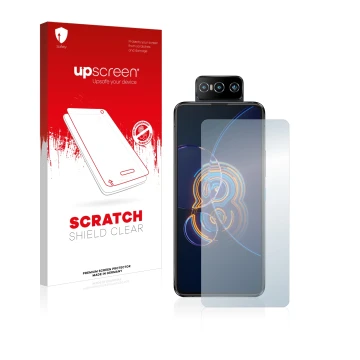 Face avant d’un emballage produit avec le logo de la marque upscreen. À côté, l’appareil ASUS ZenFone 8 Flip est représenté av