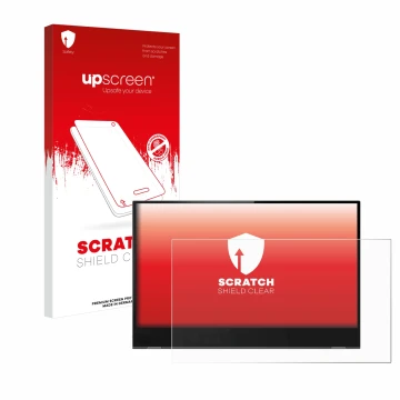 Face avant d’un emballage produit avec le logo de la marque upscreen. À côté, l’appareil Lenovo ThinkVision M14t est représent