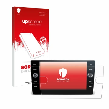 Face avant d’un emballage produit avec le logo de la marque upscreen. À côté, l’appareil Volkswagen T6 2021 Discover Media 8