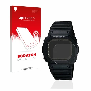 Face avant d’un emballage produit avec le logo de la marque upscreen. À côté, l’appareil Casio G-Shock GW-5000-1JF est représe