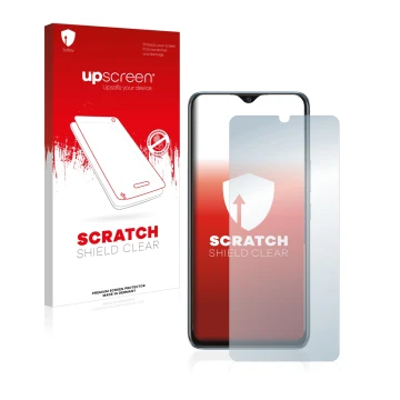 Face avant d’un emballage produit avec le logo de la marque upscreen. À côté, l’appareil Vivo Y70 est représenté avec la prote