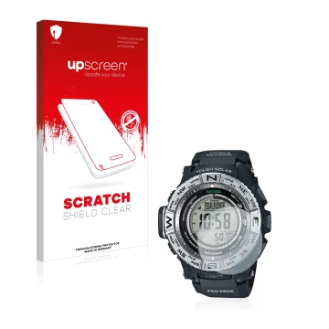 Face avant d’un emballage produit avec le logo de la marque upscreen. À côté, l’appareil Casio Pro Trek PRW-3500-1 est représe