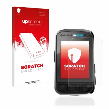 Face avant d’un emballage produit avec le logo de la marque upscreen. À côté, l’appareil Wahoo Elemnt Bolt V2 GPS est représen