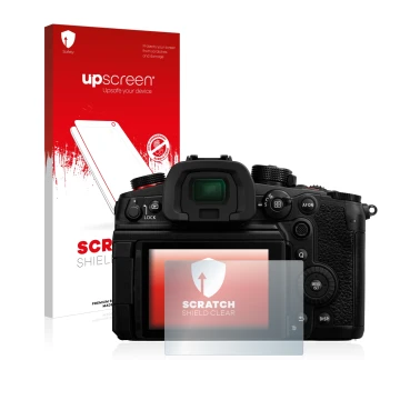 Face avant d’un emballage produit avec le logo de la marque upscreen. À côté, l’appareil Panasonic Lumix DC-GH6 est représenté