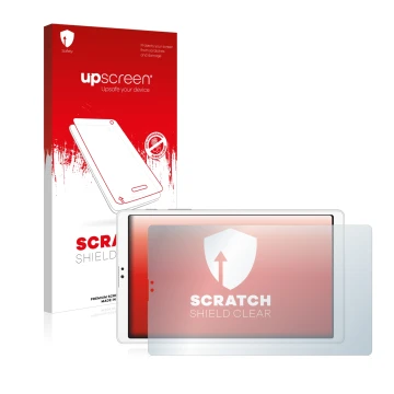 Face avant d’un emballage produit avec le logo de la marque upscreen. À côté, l’appareil Samsung Galaxy Tab A7 Lite LTE 2021 (
