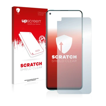 Face avant d’un emballage produit avec le logo de la marque upscreen. À côté, l’appareil OnePlus Nord CE 5G est représenté ave