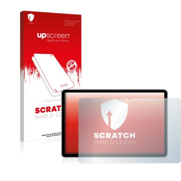 Face avant d’un emballage produit avec le logo de la marque upscreen. À côté, l’appareil Huawei MatePad 11 (2021) est représen