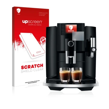 Face avant d’un emballage produit avec le logo de la marque upscreen. À côté, l’appareil Jura E8 (EB) est représenté avec la p