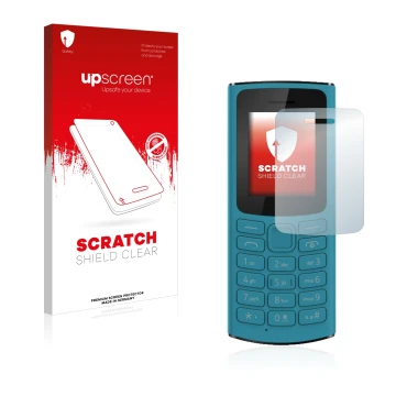 Face avant d’un emballage produit avec le logo de la marque upscreen. À côté, l’appareil Nokia 105 4G 2021 est représenté avec