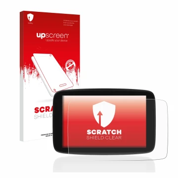 Face avant d’un emballage produit avec le logo de la marque upscreen. À côté, l’appareil TomTom Go Expert 7