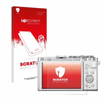 Face avant d’un emballage produit avec le logo de la marque upscreen. À côté, l’appareil Olympus PEN E-P7 est représenté avec 