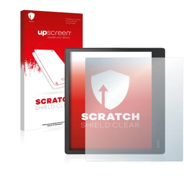 Face avant d’un emballage produit avec le logo de la marque upscreen. À côté, l’appareil Kobo Elipsa est représenté avec la pr