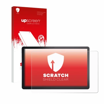 Face avant d’un emballage produit avec le logo de la marque upscreen. À côté, l’appareil Lenovo Tab P11 Plus est représenté av