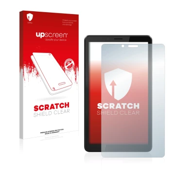 Face avant d’un emballage produit avec le logo de la marque upscreen. À côté, l’appareil Lenovo Tab M7 (3ème Gen.) est représe