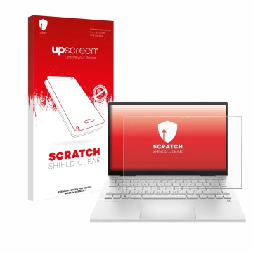 Face avant d’un emballage produit avec le logo de la marque upscreen. À côté, l’appareil HP Pavilion x360 (14-dyX) est représe