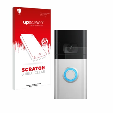 Face avant d’un emballage produit avec le logo de la marque upscreen. À côté, l’appareil Ring Video Doorbell 4 est représenté 