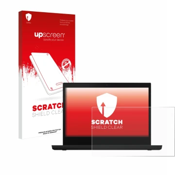 Face avant d’un emballage produit avec le logo de la marque upscreen. À côté, l’appareil Lenovo ThinkPad L14 Gen 2 est représe