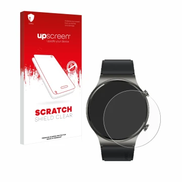 Face avant d’un emballage produit avec le logo de la marque upscreen. À côté, l’appareil Huawei Watch GT 2 Pro ECG est représe