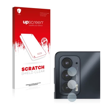 Face avant d’un emballage produit avec le logo de la marque upscreen. À côté, l’appareil Motorola Edge 20 (Caméra UNIQUEMENT) 