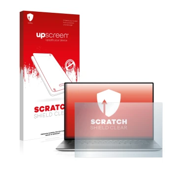Face avant d’un emballage produit avec le logo de la marque upscreen. À côté, l’appareil Dell XPS 15 9510 Non-Touch est représ
