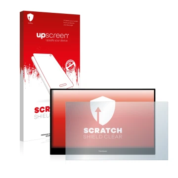 Face avant d’un emballage produit avec le logo de la marque upscreen. À côté, l’appareil ViewSonic TD1655 est représenté avec 