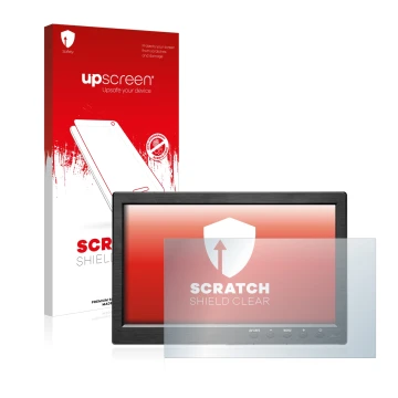 Face avant d’un emballage produit avec le logo de la marque upscreen. À côté, l’appareil Podofo HD Monitor 10.1