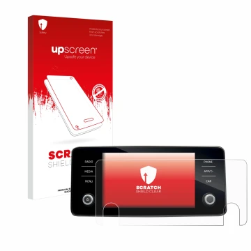 Face avant d’un emballage produit avec le logo de la marque upscreen. À côté, l’appareil Skoda Bolero 2020 Infotainment System