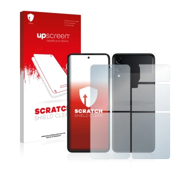 Face avant d’un emballage produit avec le logo de la marque upscreen. À côté, l’appareil Samsung Galaxy Z Flip 3 5G (Avant+Arr