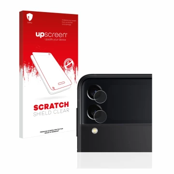 Face avant d’un emballage produit avec le logo de la marque upscreen. À côté, l’appareil Samsung Galaxy Z Flip 3 5G (Caméra UN