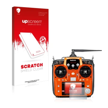 Face avant d’un emballage produit avec le logo de la marque upscreen. À côté, l’appareil RadioLink AT10II est représenté avec 