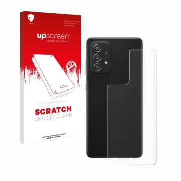 Face avant d’un emballage produit avec le logo de la marque upscreen. À côté, l’appareil Samsung Galaxy A52s 5G (Arrière) est 