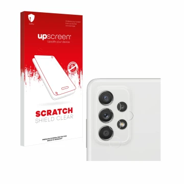 Face avant d’un emballage produit avec le logo de la marque upscreen. À côté, l’appareil Samsung Galaxy A52s 5G (Caméra UNIQUE