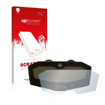 Face avant d’un emballage produit avec le logo de la marque upscreen. À côté, l’appareil Yamaha Tracer 700 2016-2019 est repré