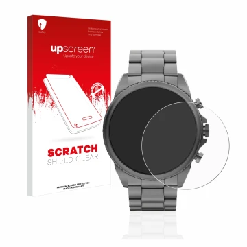 Face avant d’un emballage produit avec le logo de la marque upscreen. À côté, l’appareil Fossil Gen 6 (44mm) est représenté av