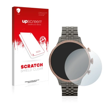 Face avant d’un emballage produit avec le logo de la marque upscreen. À côté, l’appareil Fossil Gen 6 (42mm) est représenté av