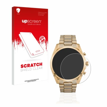 Face avant d’un emballage produit avec le logo de la marque upscreen. À côté, l’appareil Michael Kors Access Gen 6 Bradshaw es